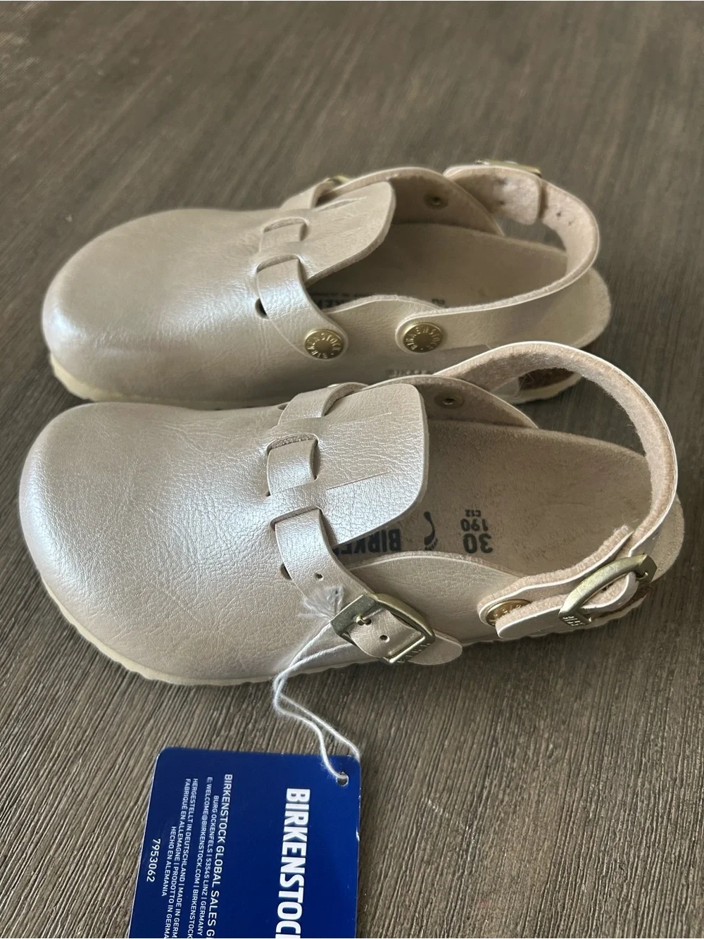 Birkenstock Kids Metallic Cream Slip-On Clogs, Size C12, New.